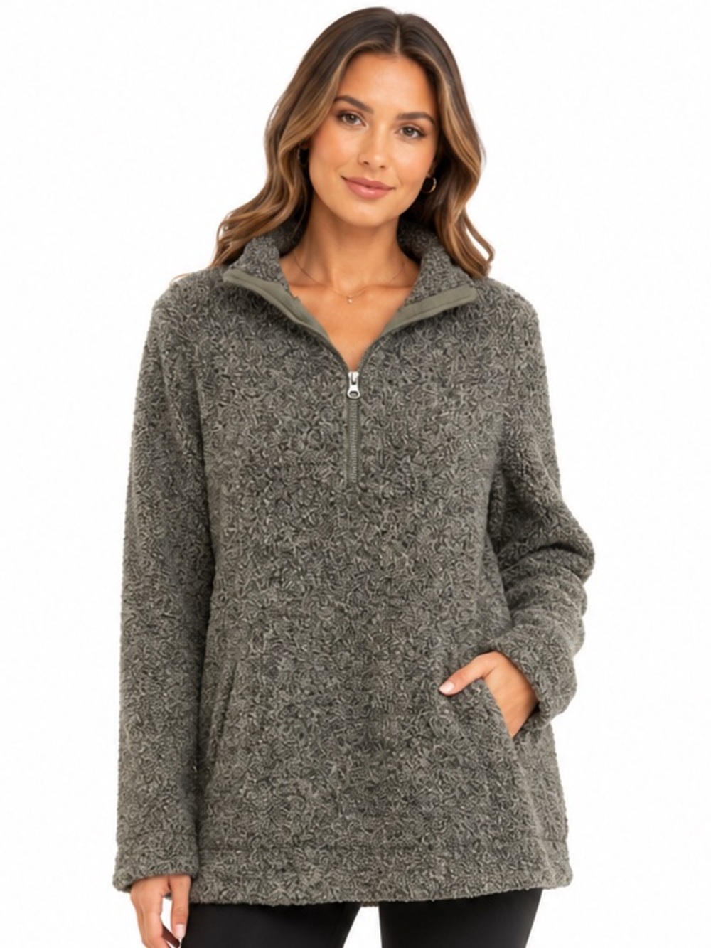 Natural Reflections Women M Green Sherpa Fleece Quarter Zip Pullover Jacket camp